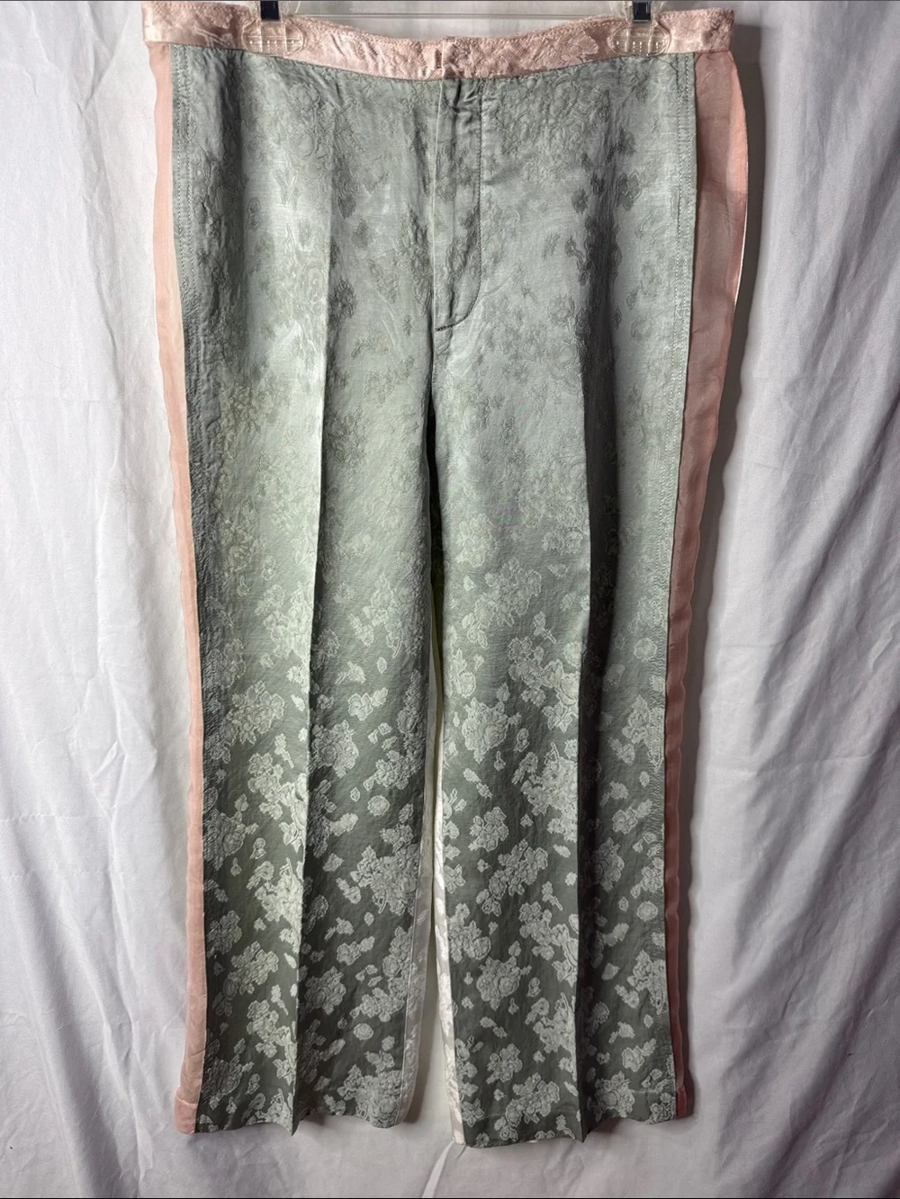 Zara Sage Green, Pink & White Jacquard Textured Pants with Sheer Pink Panels L